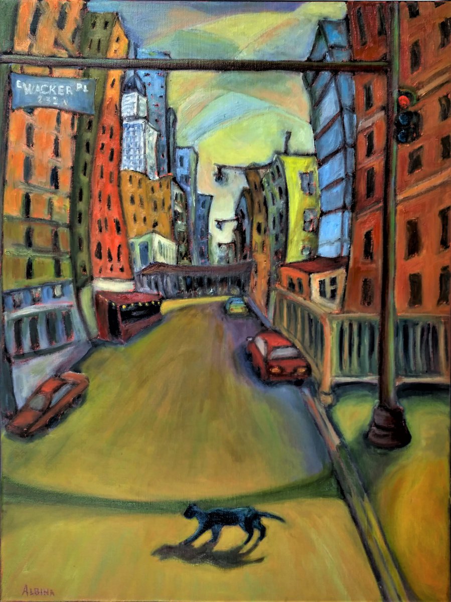 Naive Cityscapes Oil Painting By Albina Urbanek, 18 X 24, Lock Down (Chicago), Original Artwork