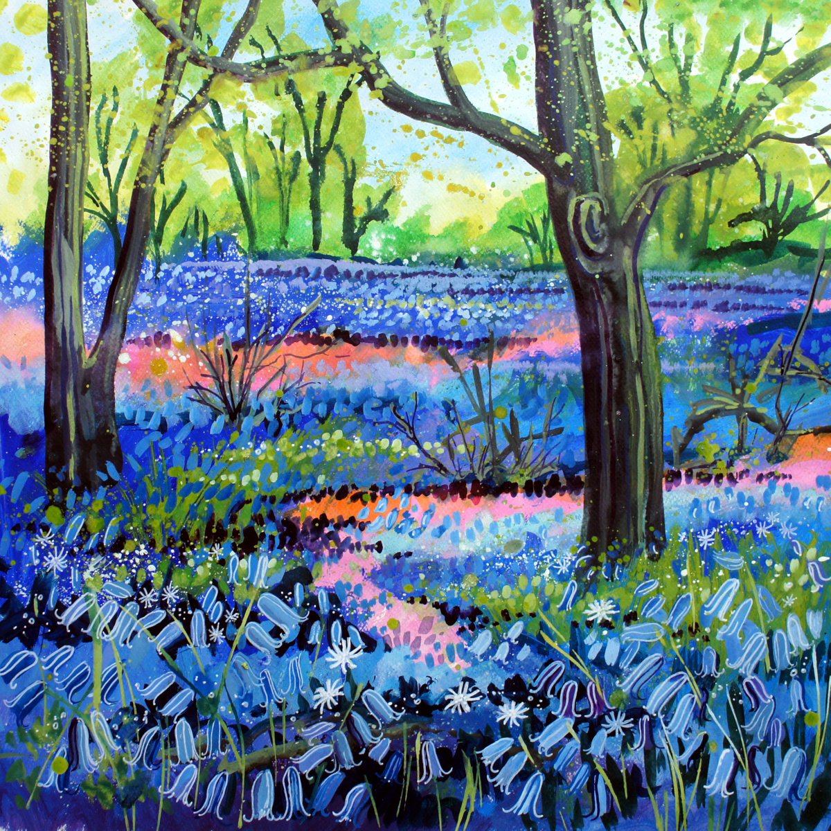 Bluebells and Stitchwort Woodland path by Julia Rigby