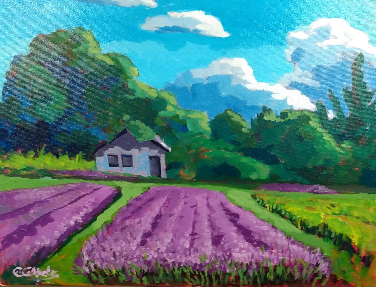 Impressionistic Landscape Acrylic Painting By Edward Abela, 18 X 14, Lavender Blu, Original Artwork