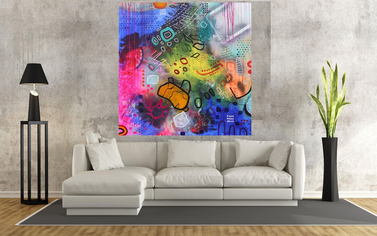 Urban And Pop Abstract Acrylic Painting By Susan Wooler, 35 X 35", Its A Topsy Turvy World, Original Artwork
