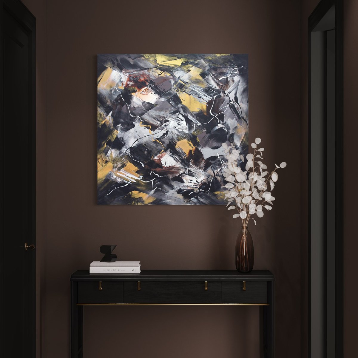 Expressive Abstract Acrylic Painting By Paresh Nrshinga Frsa, 40 X 40", Golden Snowflakes, Original Artwork