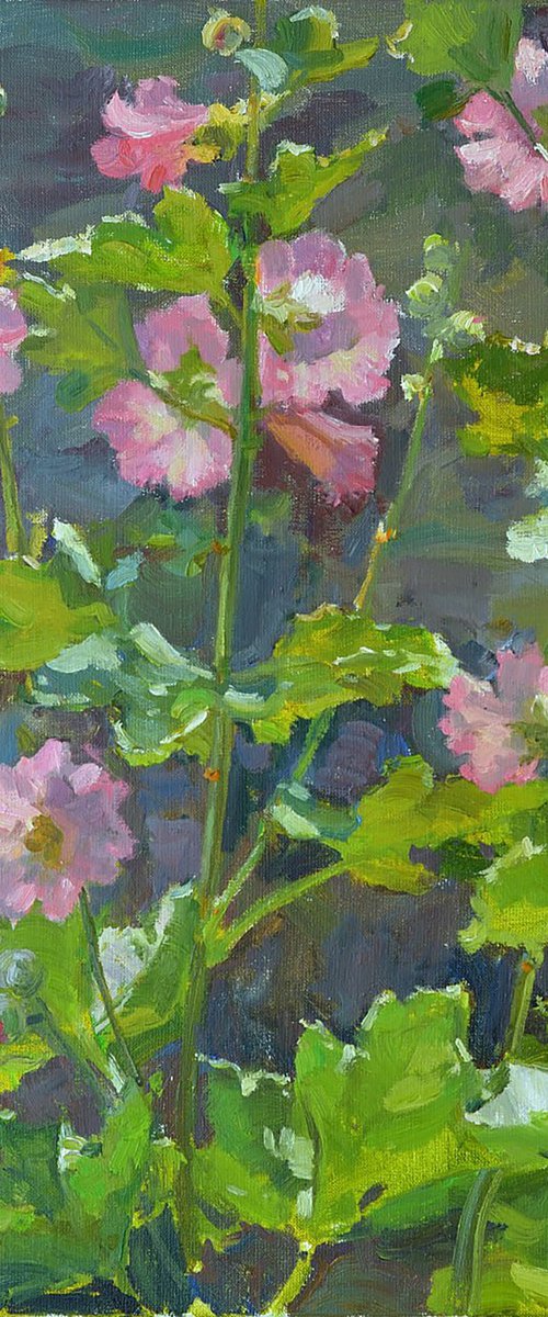 Summer Light and Hollyhocks by Nataliia Nosyk