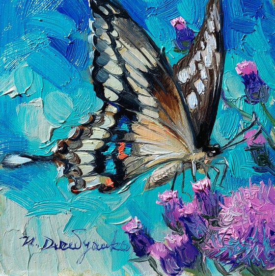 Butterfly painting original oil art framed miniature, Giant Swallowtail butterfly painting small