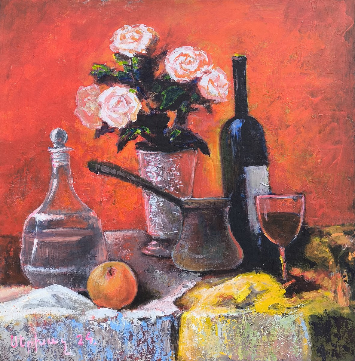 Impressionistic Still Life Oil Painting By Sergey Xachatryan, 20 X 20", Everyday Elegance, Original Artwork
