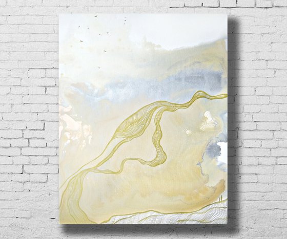 Set of 3 pieces paintings. White abstract landscape triptych. Love couple sky sun sunrise sea birds