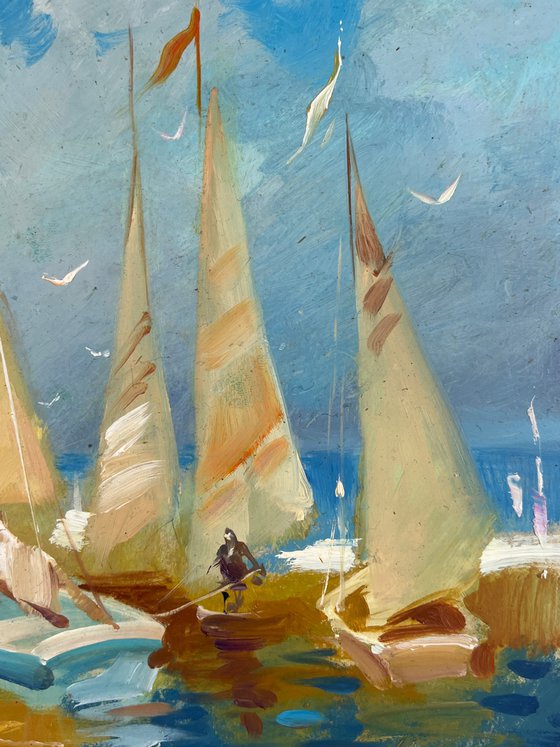 Sailing Boats Moored in Front of the Sea