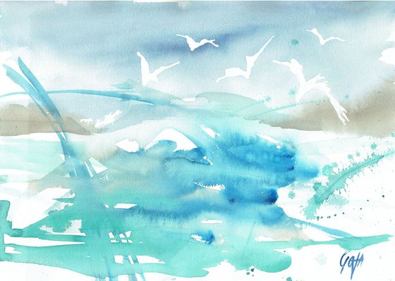 CORNISH LANDSCAPES - SEAGULLS OVER STORMY COVE