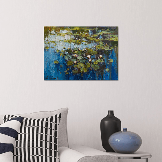 White Water Lilies - Pond flowers  Impasto Original Oil painting