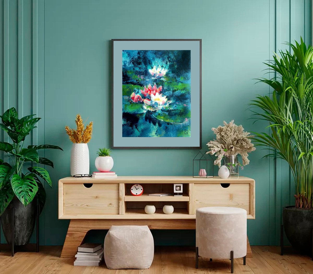 Expressive Botanical Painting By Ksenia Selianko, 12 X 15", Lotuses On The Pond Impression, Original Artwork