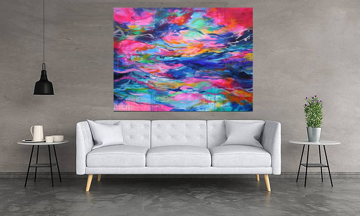 Abstract Acrylic Painting By Susan Wooler, 48 X 36", Stars In Their Baby Blankets, Original Artwork