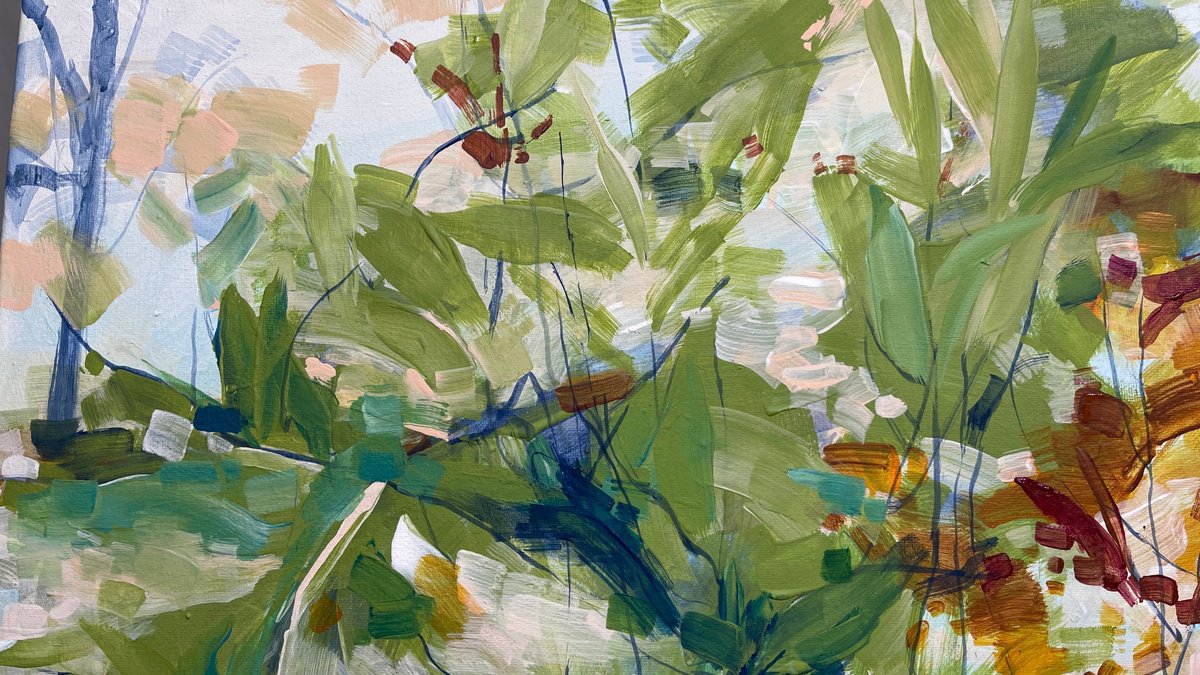 Impressionistic Abstract Acrylic Painting By Tina Ding, 18 X 24", Dance Of Light And Leaves, Original Artwork