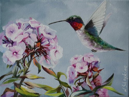 Hummingbird and a Pink Flower by Natalia Shaykina