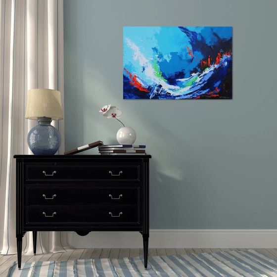 Large Abstract Blue White Landscape Painting. Modern Abstract Textured Art