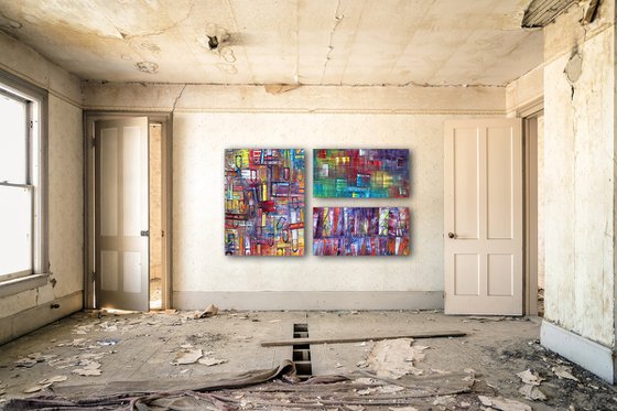 "It Will All Make Sense" - Original Xt Large PMS Abstract Triptych Oil Paintings On Canvas - 66" x 40"