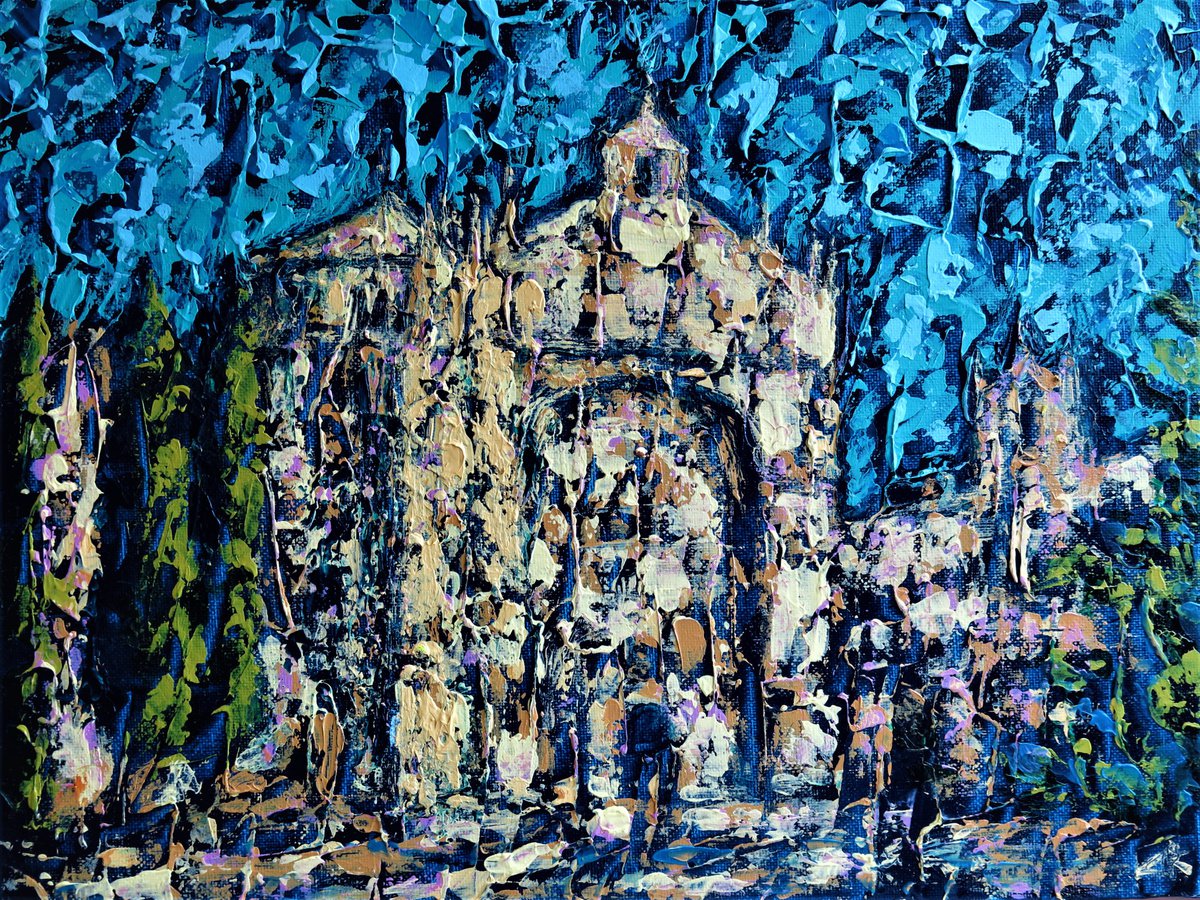 Impressionistic Cityscapes Acrylic Painting By Denys Kuvaiev, 18 X 14, Convento De San Esteban In Salamanca, Original Artwork