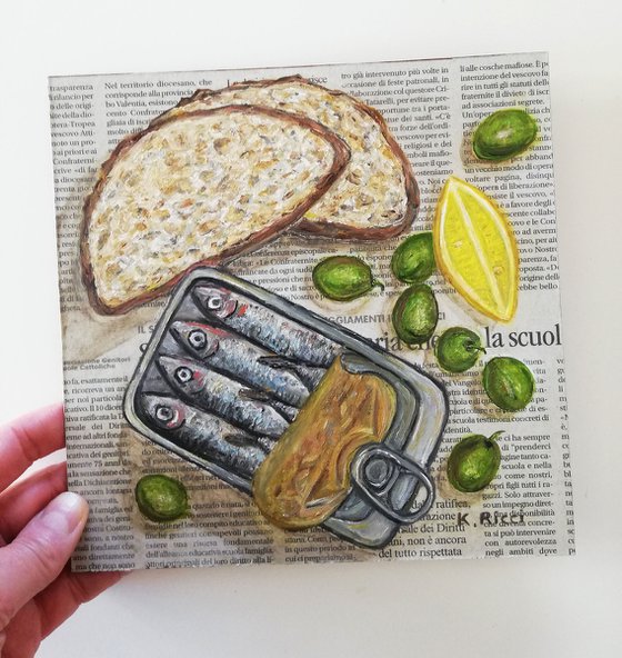 "Sardines Tin with Bread Slices, Olives and Lemon on Newspaper" Original Oil on Wooden Board Painting 8 by 8"(20x20cm)