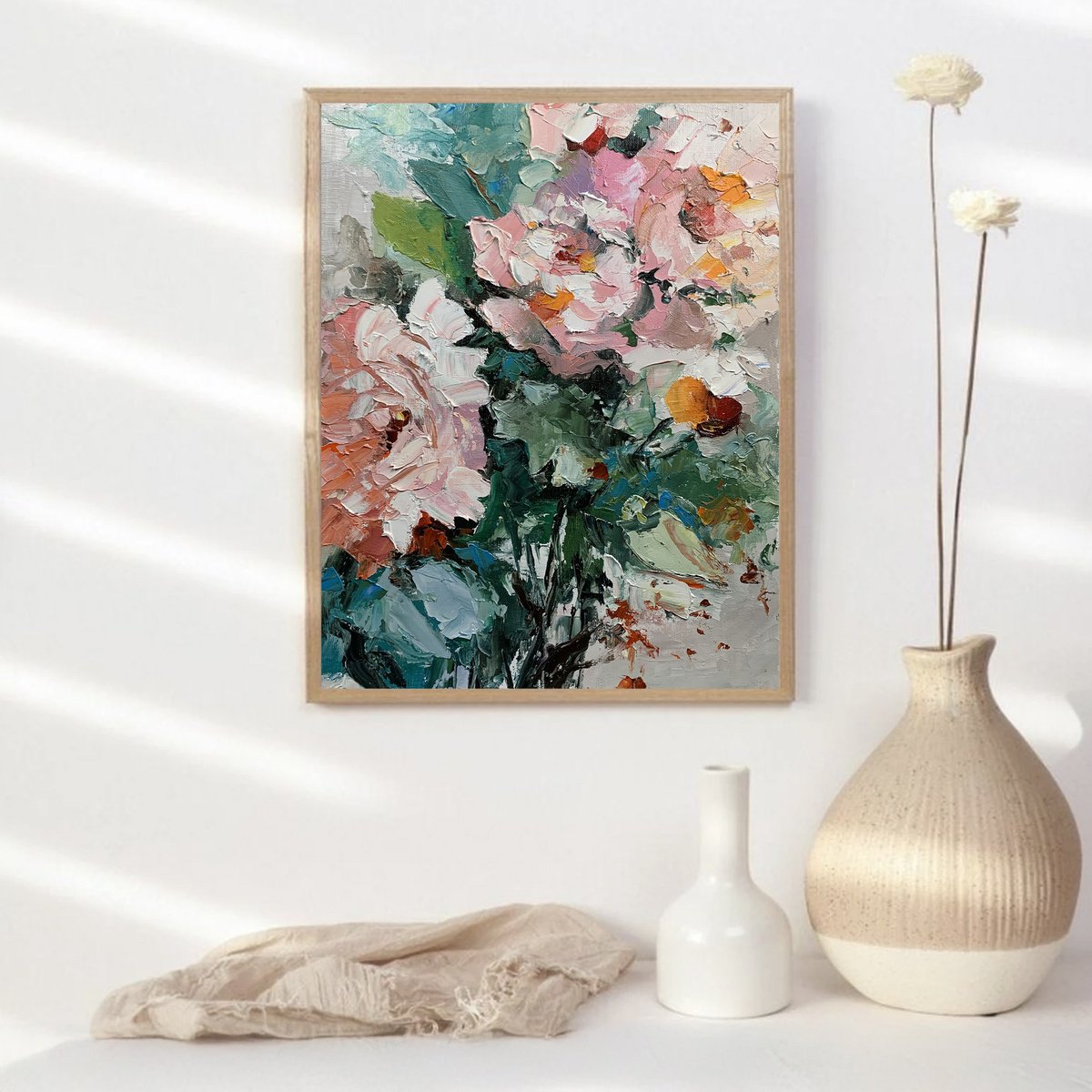 Impressionistic Botanical Oil Painting By Vita Schagen, 12 X 16", White Pink Garden Flowers., Original Artwork