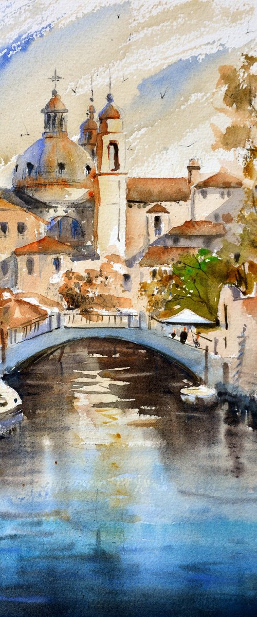 Venice Canal in red and blue Venice Italy 25x36 cm 2020 by Nenad Kojić watercolorist
