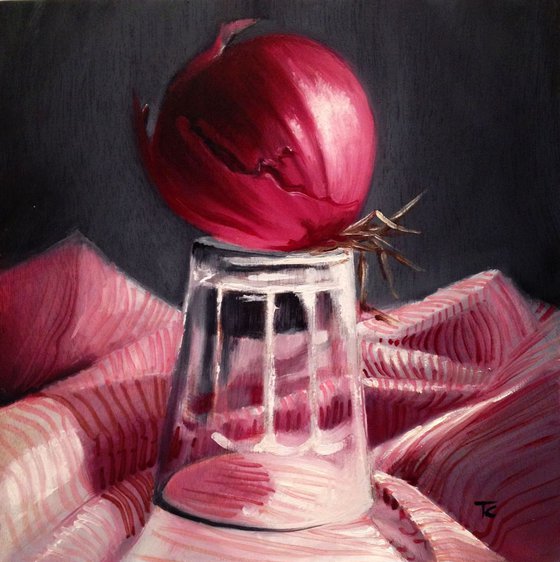 Red Onion in dark room - original oil painting on wooden panel edged -  Ready to hang20 x 20 cm (8' x 8' )