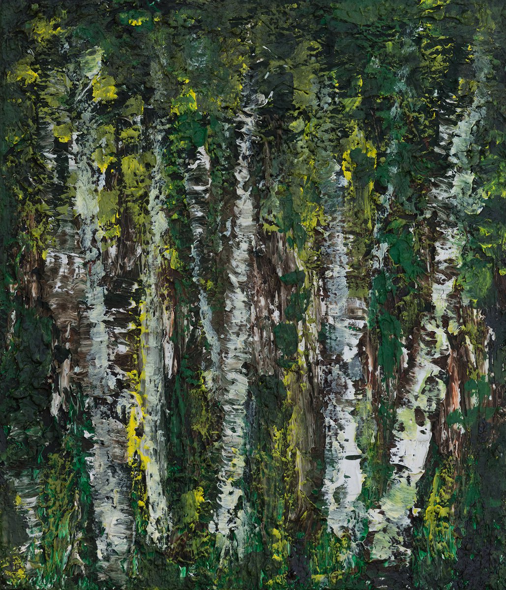 Birch Grove - expressive painting with strong textures by Peter Zelei
