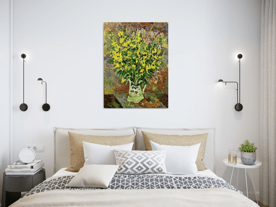 BOUQUET OF SUMMER FLOWERS - still-life, floral art, original painting oil on canvas,  wild flowers in vase, gift , Valentine's day, home decor 80x60cm