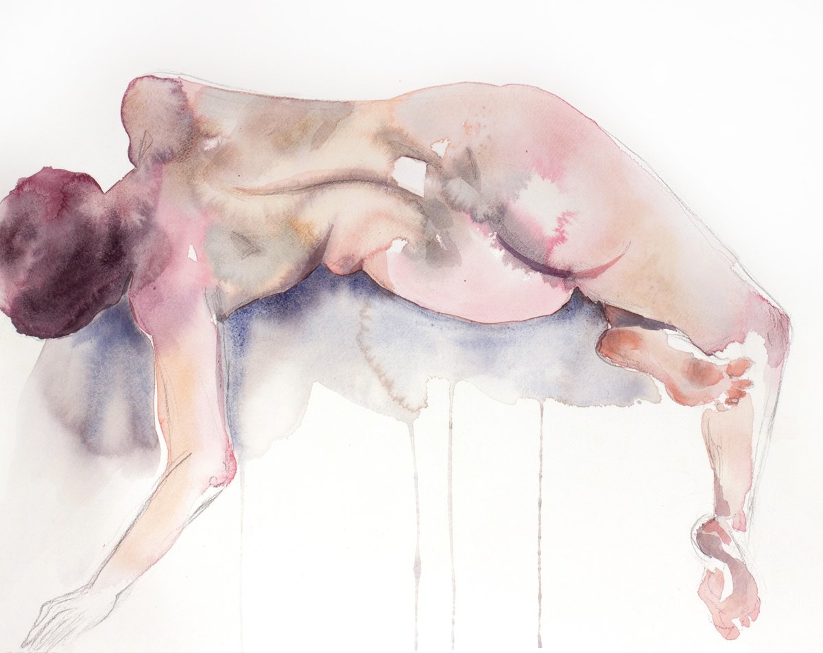 Expressive Portrait Watercolour By Elizabeth Becker, 20 X 16, Nude No. 109, Original Artwork