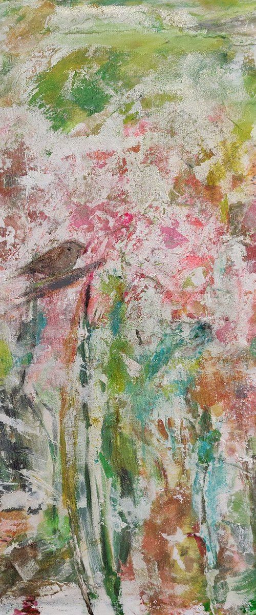 A small bird  in a white forest Abstract Acrylic  Artwork  100x100 by Sylvie Dodin