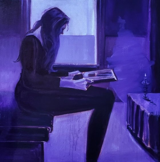 Tall Reader in a Quiet Violet Interior