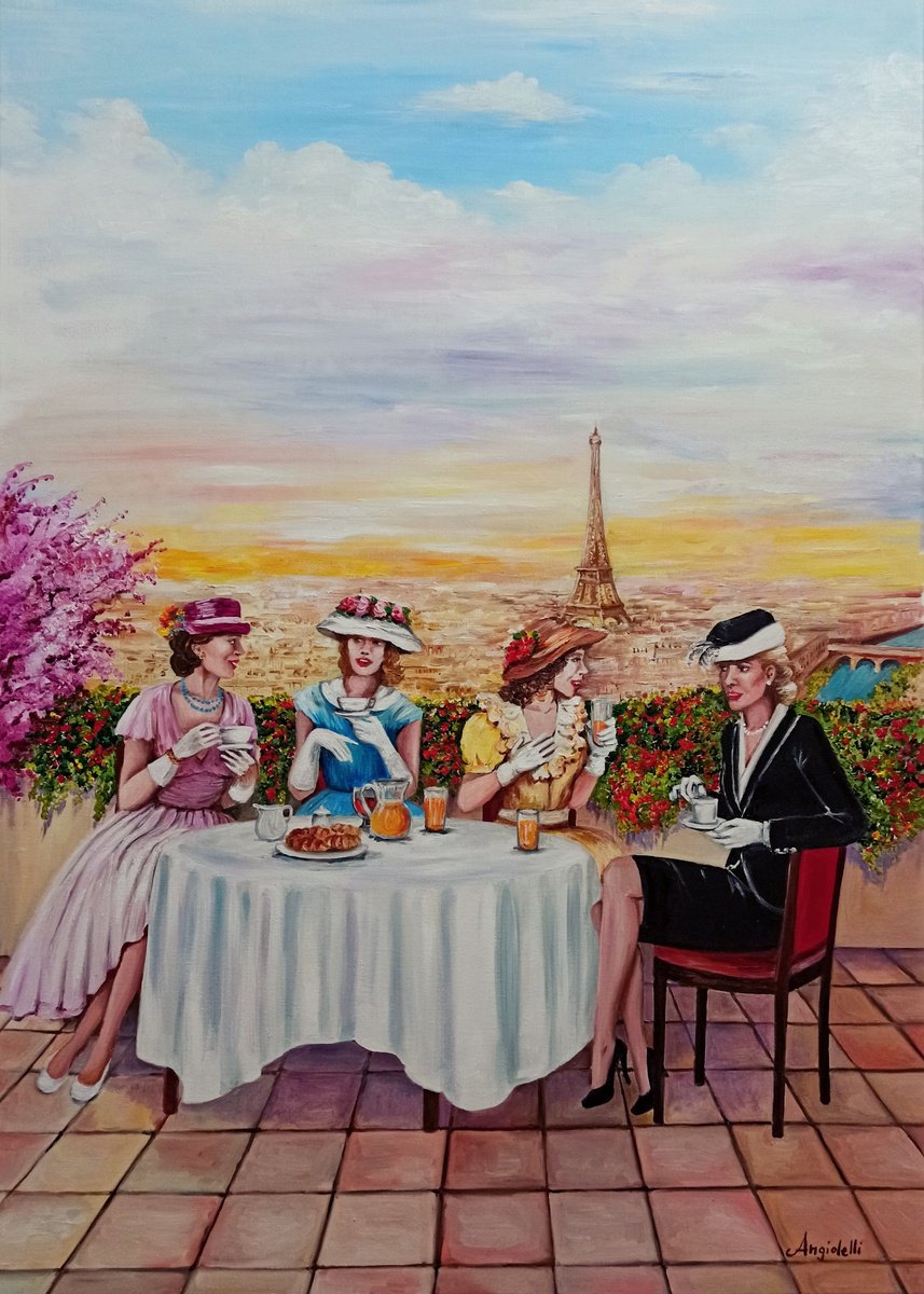Photorealistic Portrait Oil Painting By Anna Rita Angiolelli, 20 X 28, Breakfast In Paris, Original Artwork