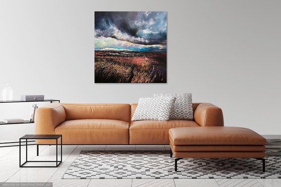 'Storm Across The East Marshes' Large Moody Landscape Oil Painting
