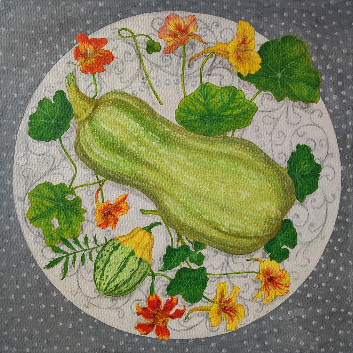 Illustrative Still Life Acrylic Painting By Natalie Levkovska, 20 X 20", Butter Pumpkin And Nasturtiums, Original Artwork