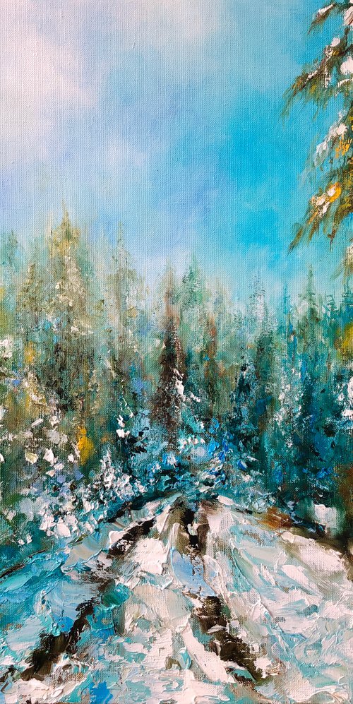 WINTER FOREST - Winter landscape. Snow forest. Fir-trees. Freezing. Early morning. Needles. Sky. by Marina Skromova