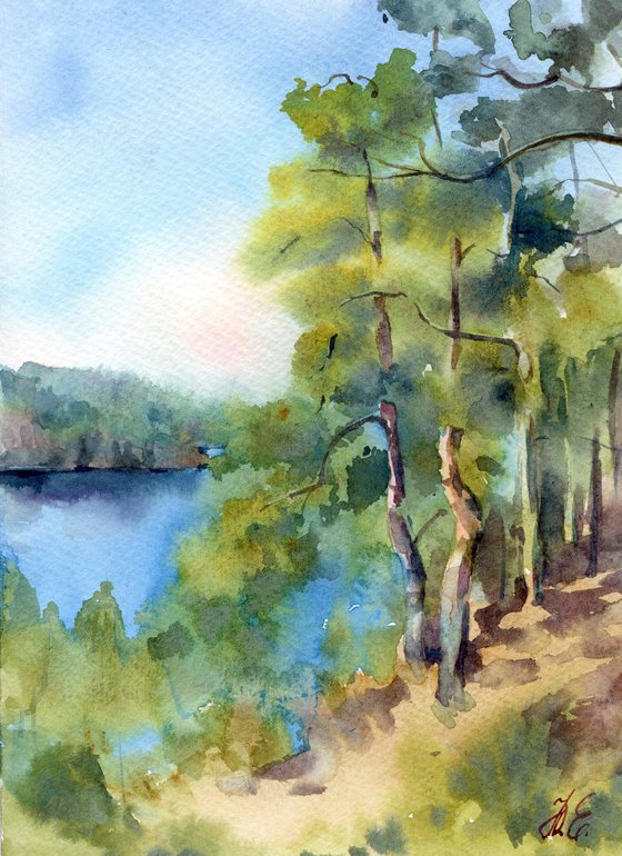 Small watercolor Forest Lake, Russian nature, Karelia