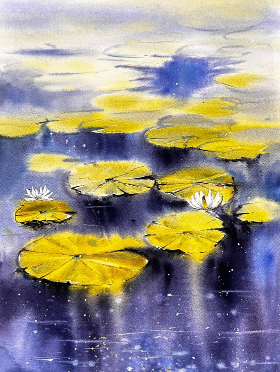 Waterlilies in Delft Landscape Nature Watercolor Painting, Flowers painting