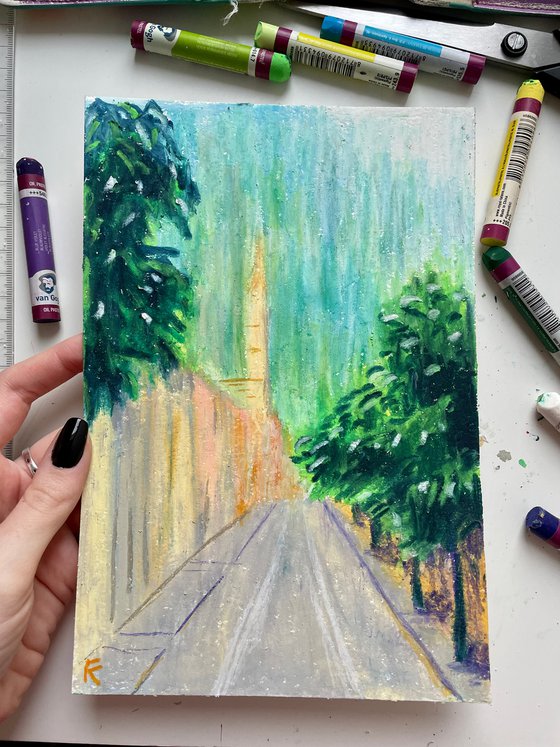 Landscape Original Oil Pastel Painting, Green European City Street Drawing, Spain Mallorca Art