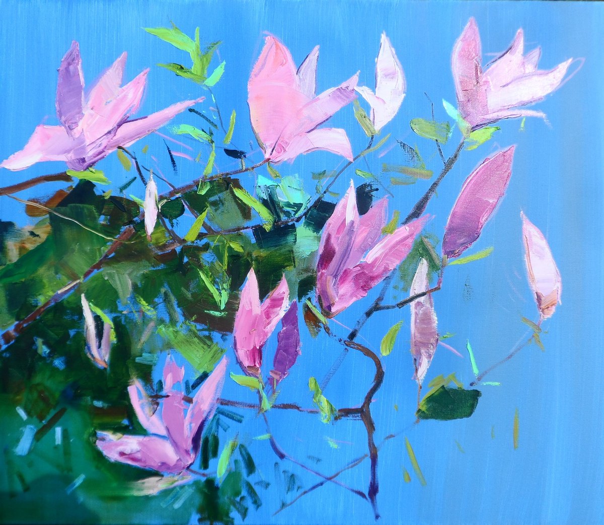 Impressionistic Botanical Oil Painting By Yehor Dulin, 28 X 24", " Magnolia", Original Artwork