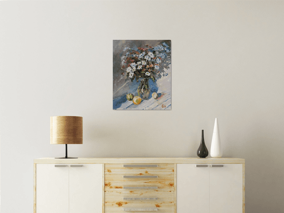 Autumn bouquet. Original oil painting. Impressionistic still life flowers gentle muted colors shadow provence bright