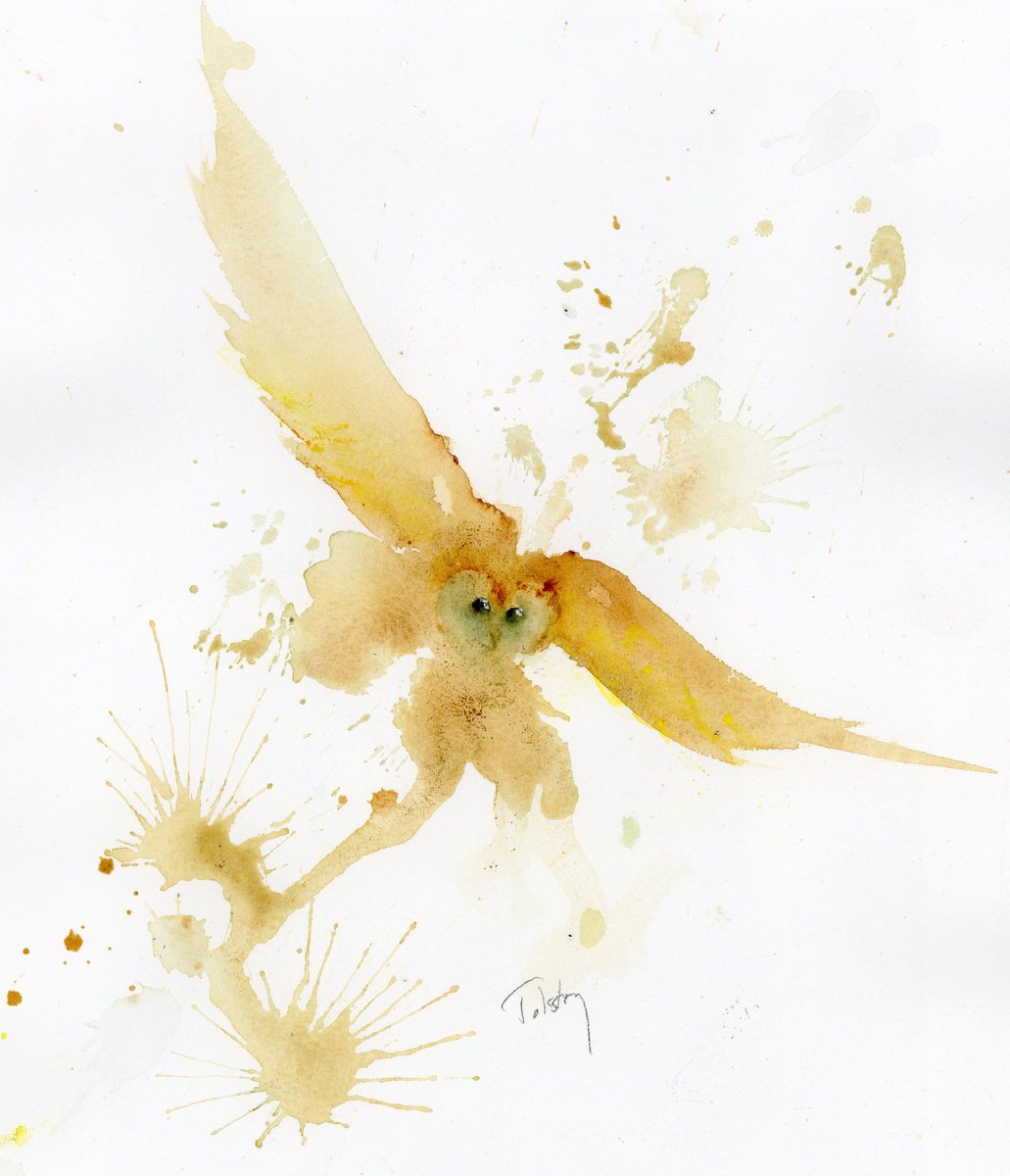 Impressionistic Animal Watercolour By Alex Tolstoy, 10 X 12, Flying Owl, Original Artwork