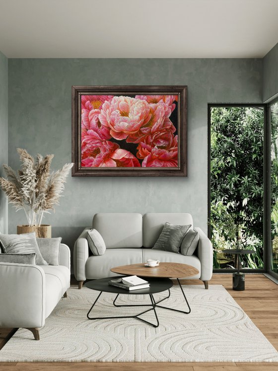 Red peonies on dark background