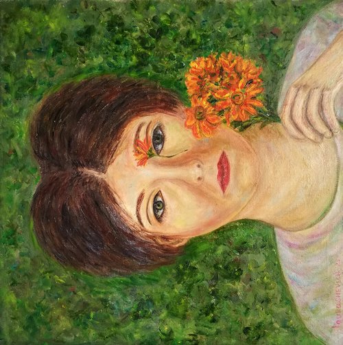 "Daydreaming under the Sky" - Original oil on Canvas Painting Girl's Portrait 16 by 16in (40x40 cm) by Katia Ricci