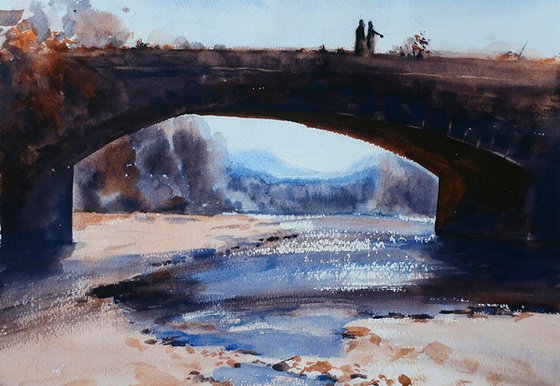 Watercolor painting. Bridge with history
