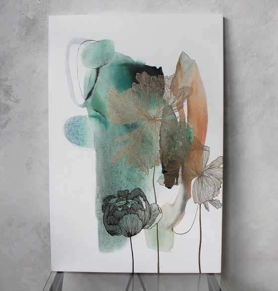 "Green Thincord" Green gold flowers art