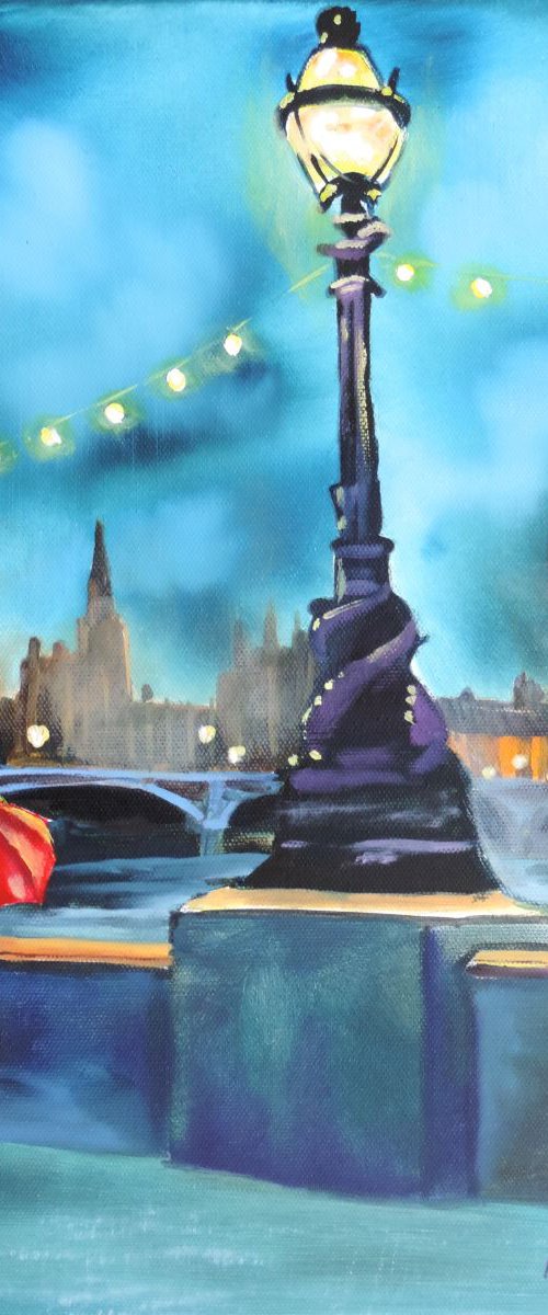 London painting woman with a red umbrella by Gordon Bruce