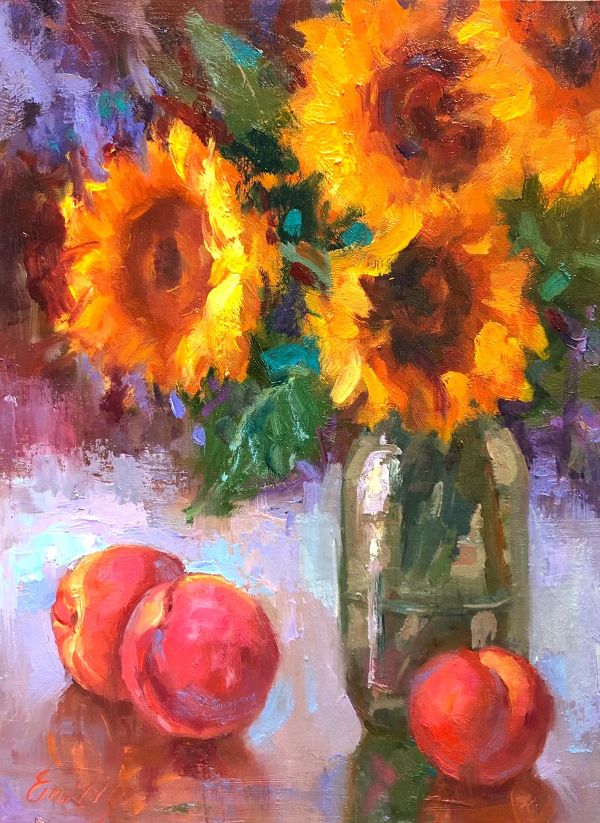Sunflowers Peaches Painting, Original Oil on Canvas Board Still Life, Impressionism WallAr... by Emiliya Lane