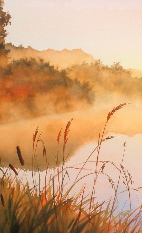 A Misty Sunrise on the Lake – by Olga Beliaeva Watercolour