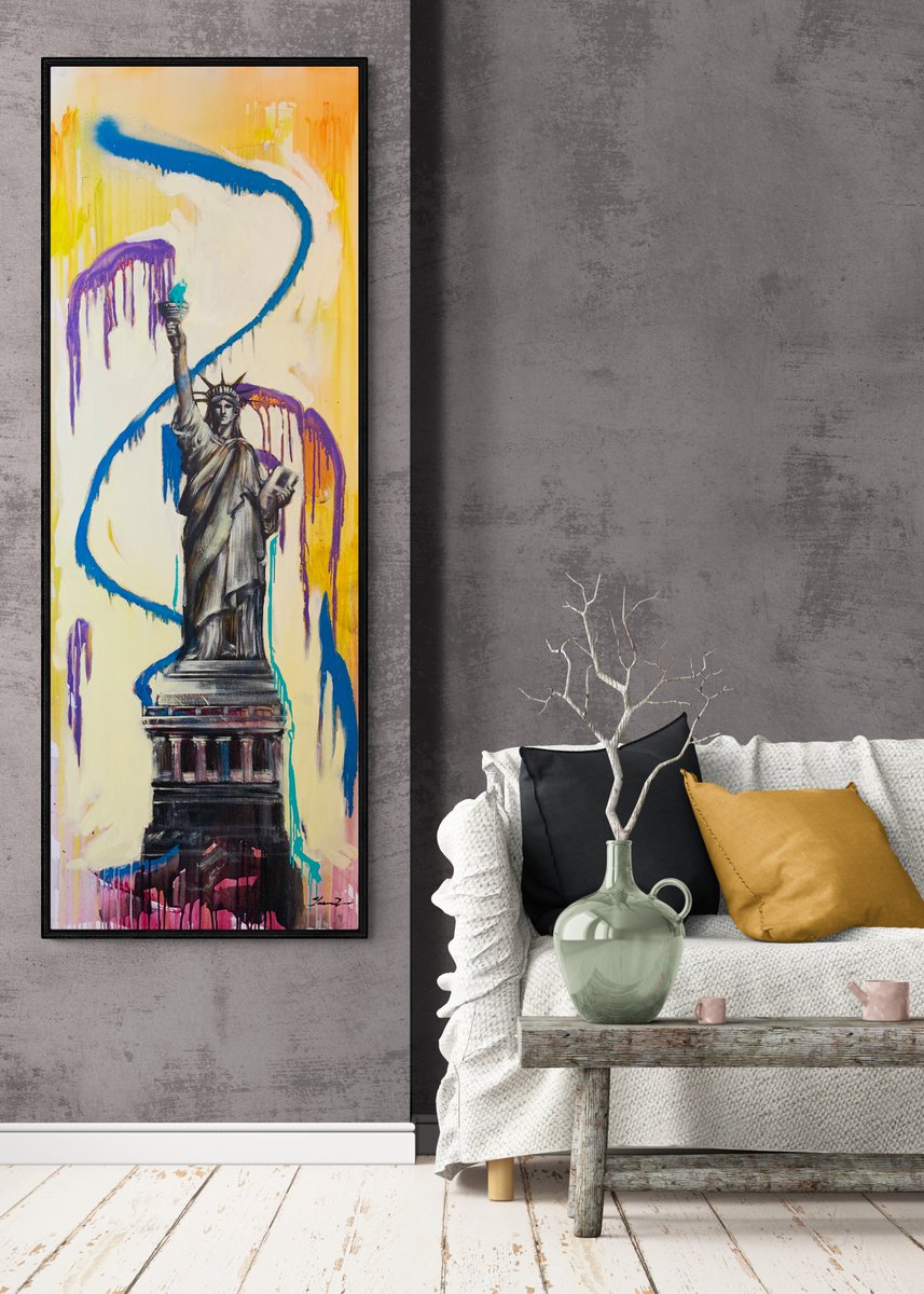 Urban And Pop Cityscapes Acrylic Painting By Yaroslav Yasenev, 26 X 69", Statue Of Liberty, Original Artwork