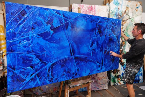 Sapphire Sugar 240cm x 120cm Blue Ink Textured Abstract Art