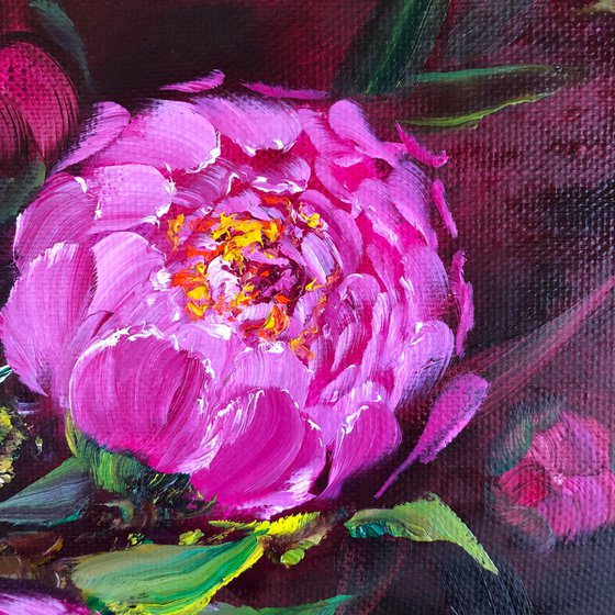 ROMANTIC TWILIGHT - Set. Oil diptych of Pink peonies on a dark background. Two paintings with peonies. Double panel with peonies on the wall.