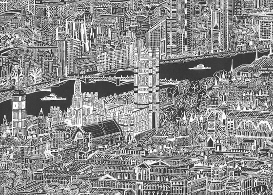 London skyline and the River Thames black and white drawing with collage detail