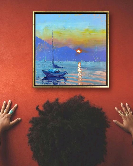 Sunset over Garda Lake, Italy Landscape, Oil Painting